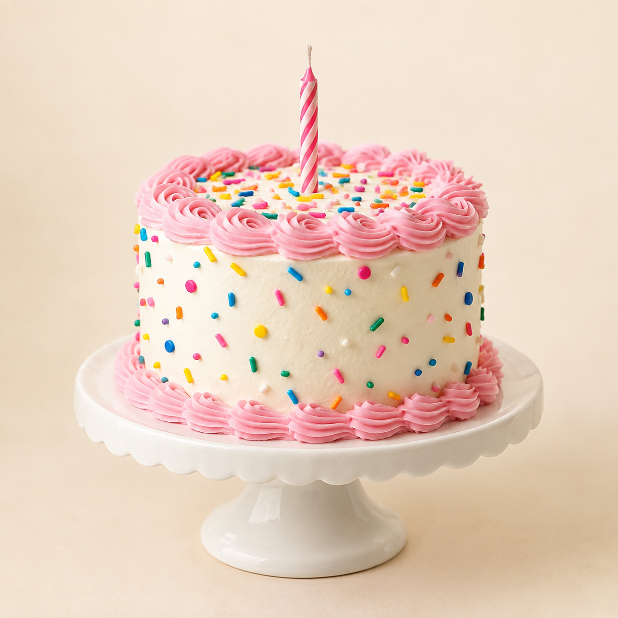 Birthday cake with pink frosting and sprinkles