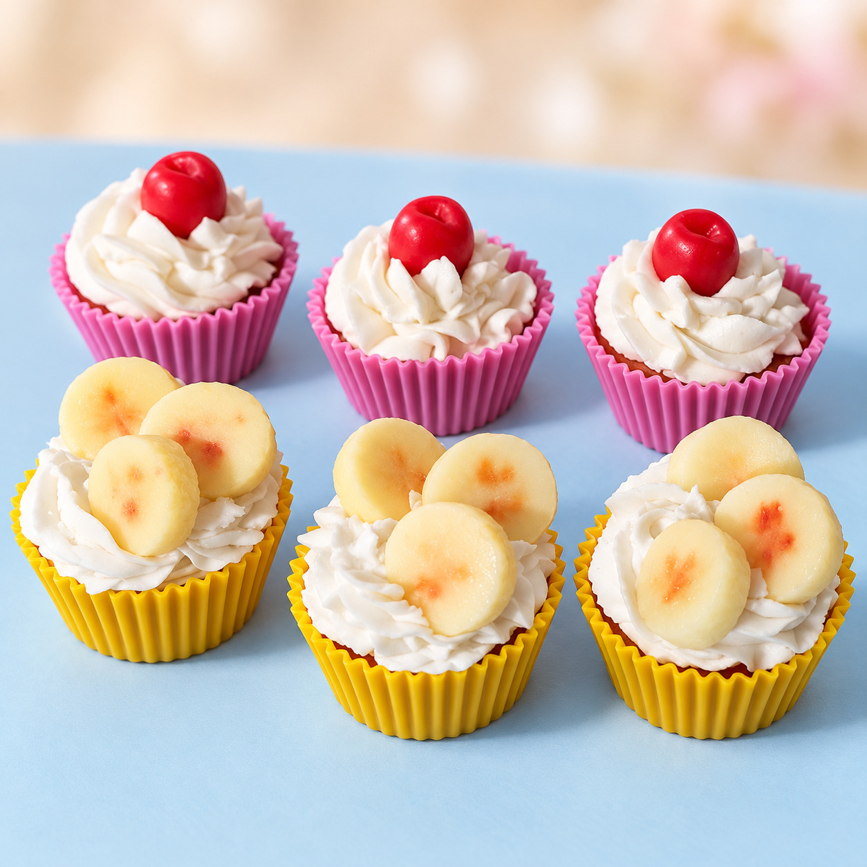 Handmade banana and cherry cupcake candles