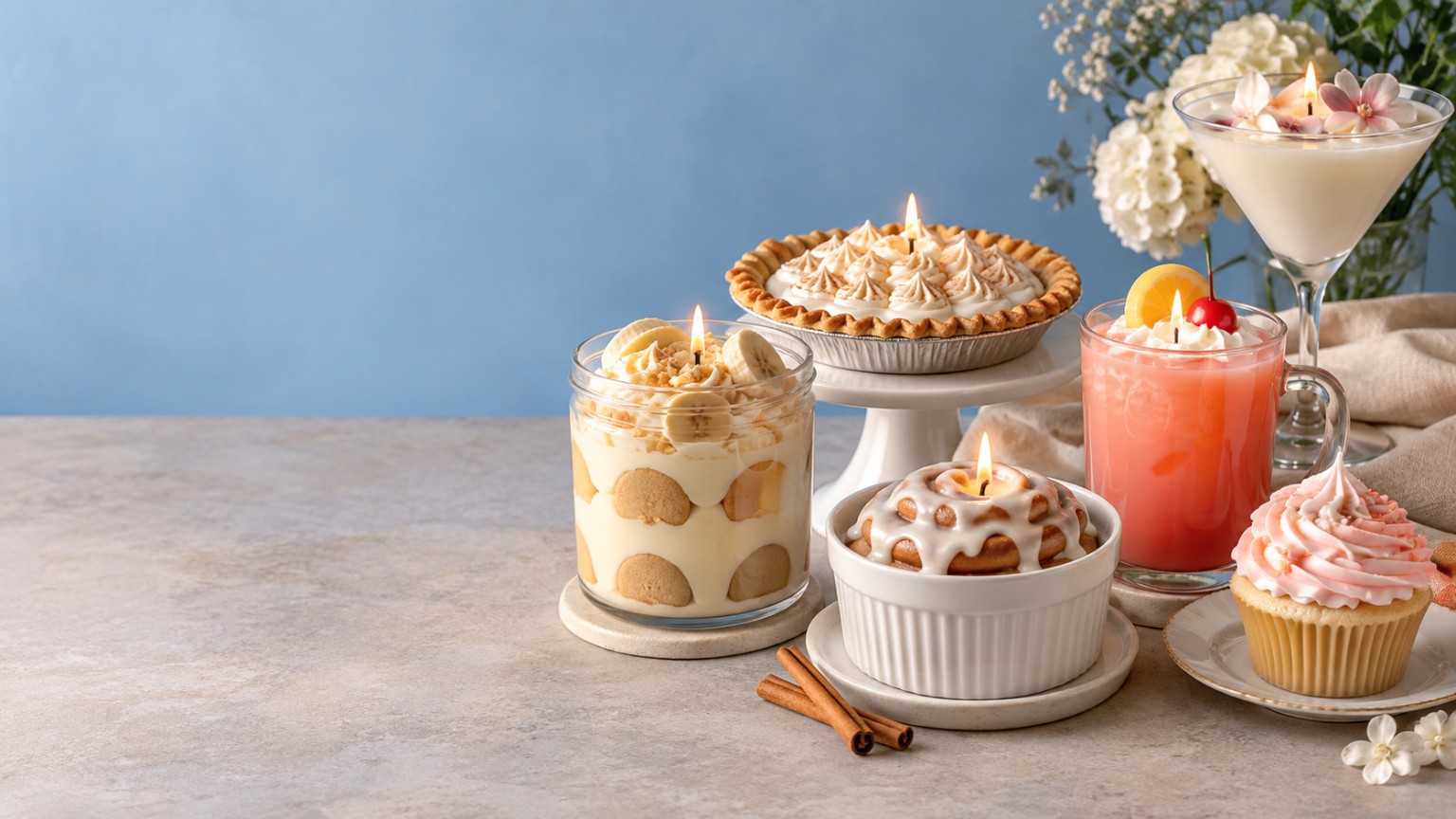 A display of handcrafted dessert candles including banana pudding, pie, cinnamon roll, drink, cupcake and floral candles